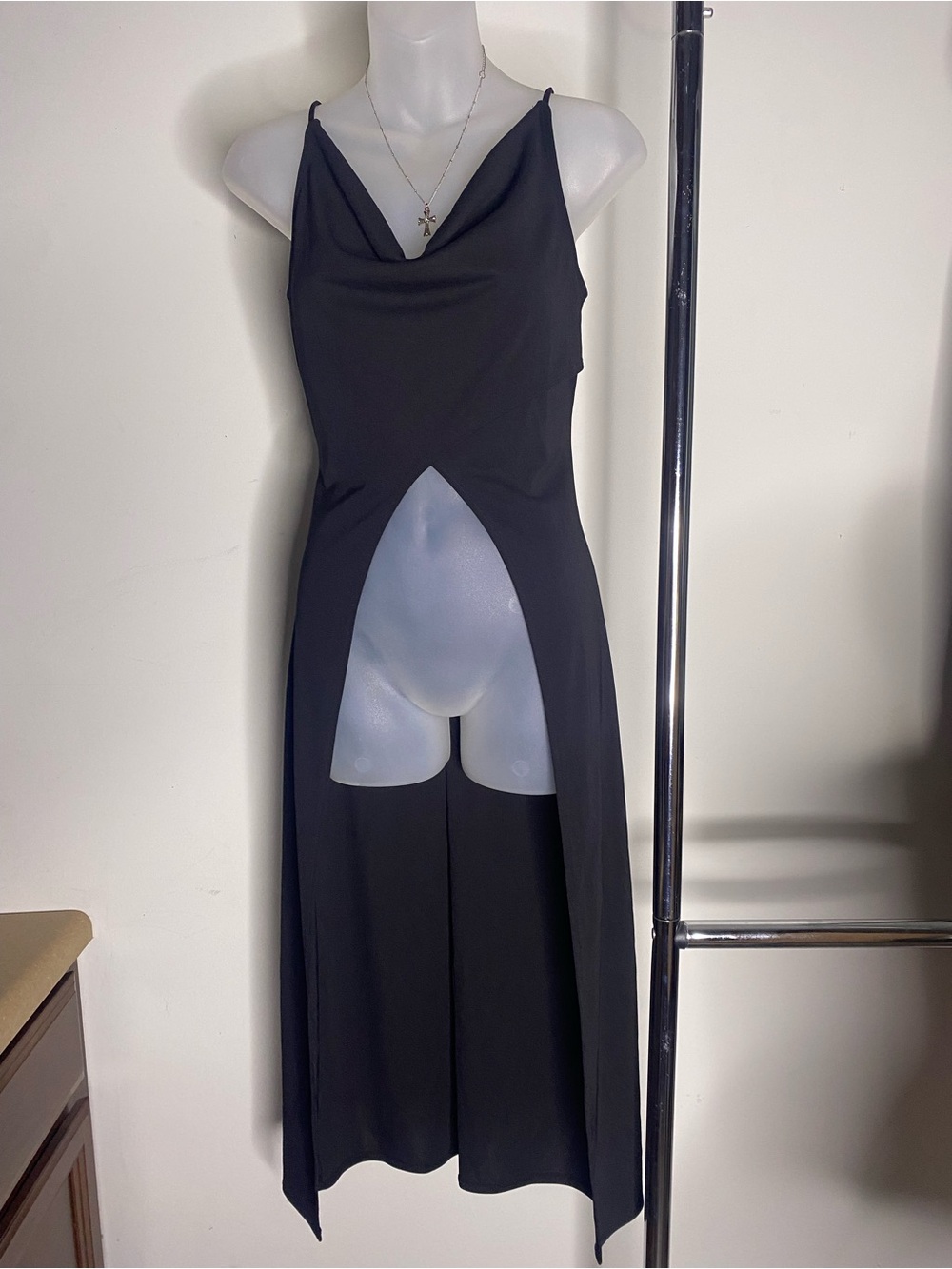 Made in USA Sassy Black High-Low Cowl Neck Cutout Maxi Dress